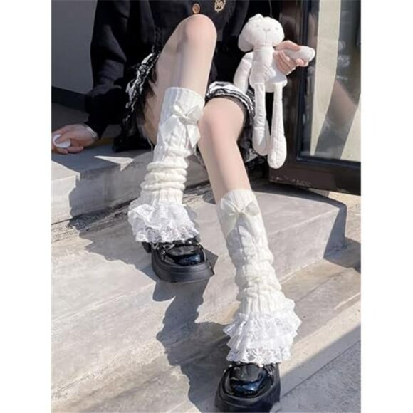 Women's Knit Leg Warmers Y2K Bow Lace Trim Knee High Leg Sleeve Socks - Picture 3 of 6